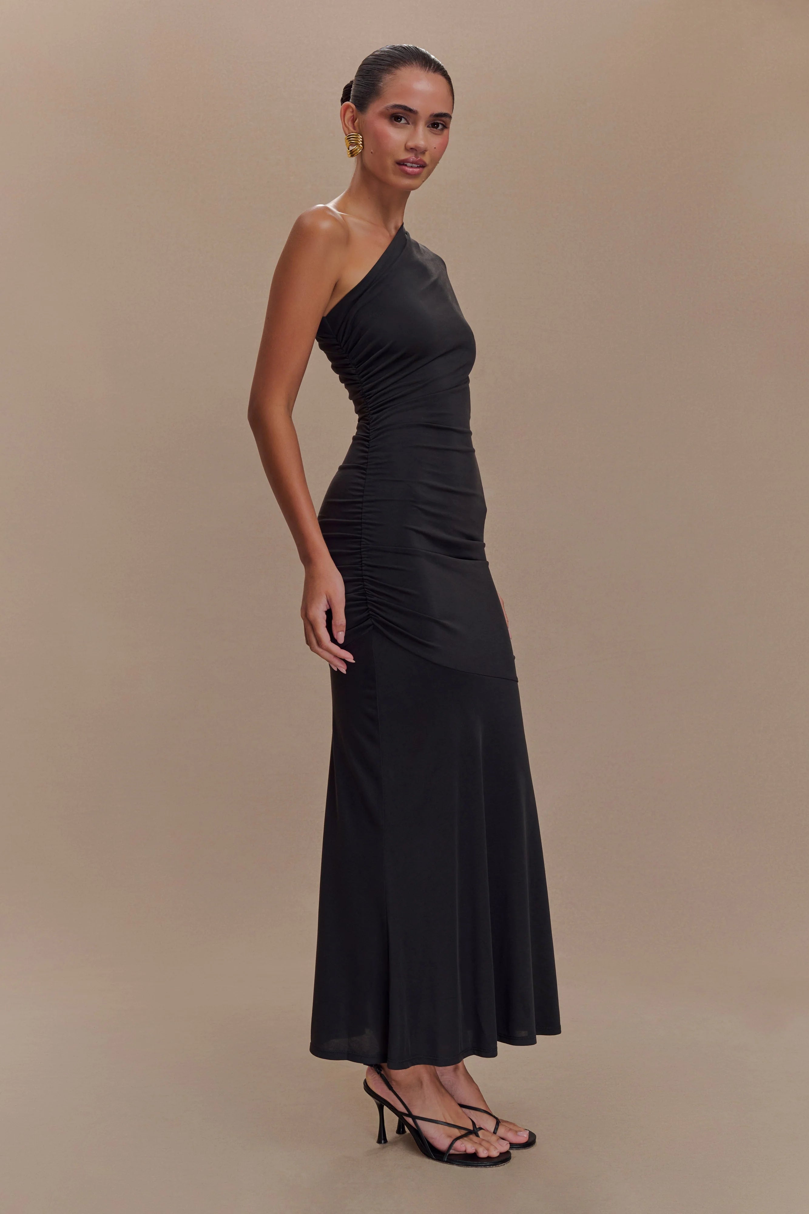 Chloe Peached Jersey One Shoulder Midi Dress - Black