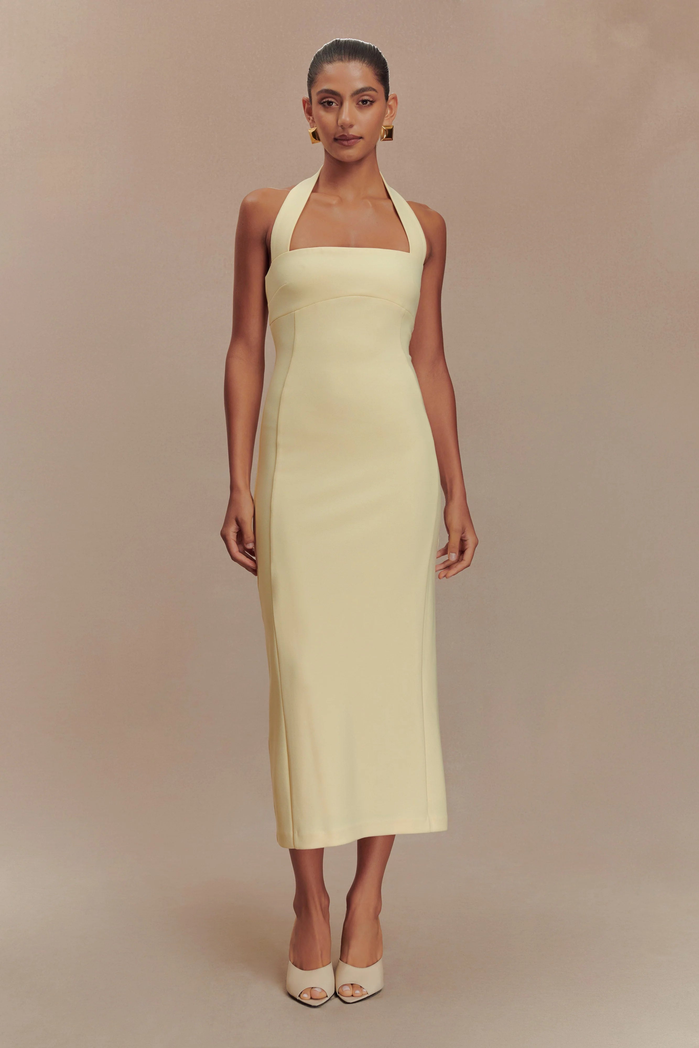 Amelita Suiting Halter Midi Dress - Pale Lemon