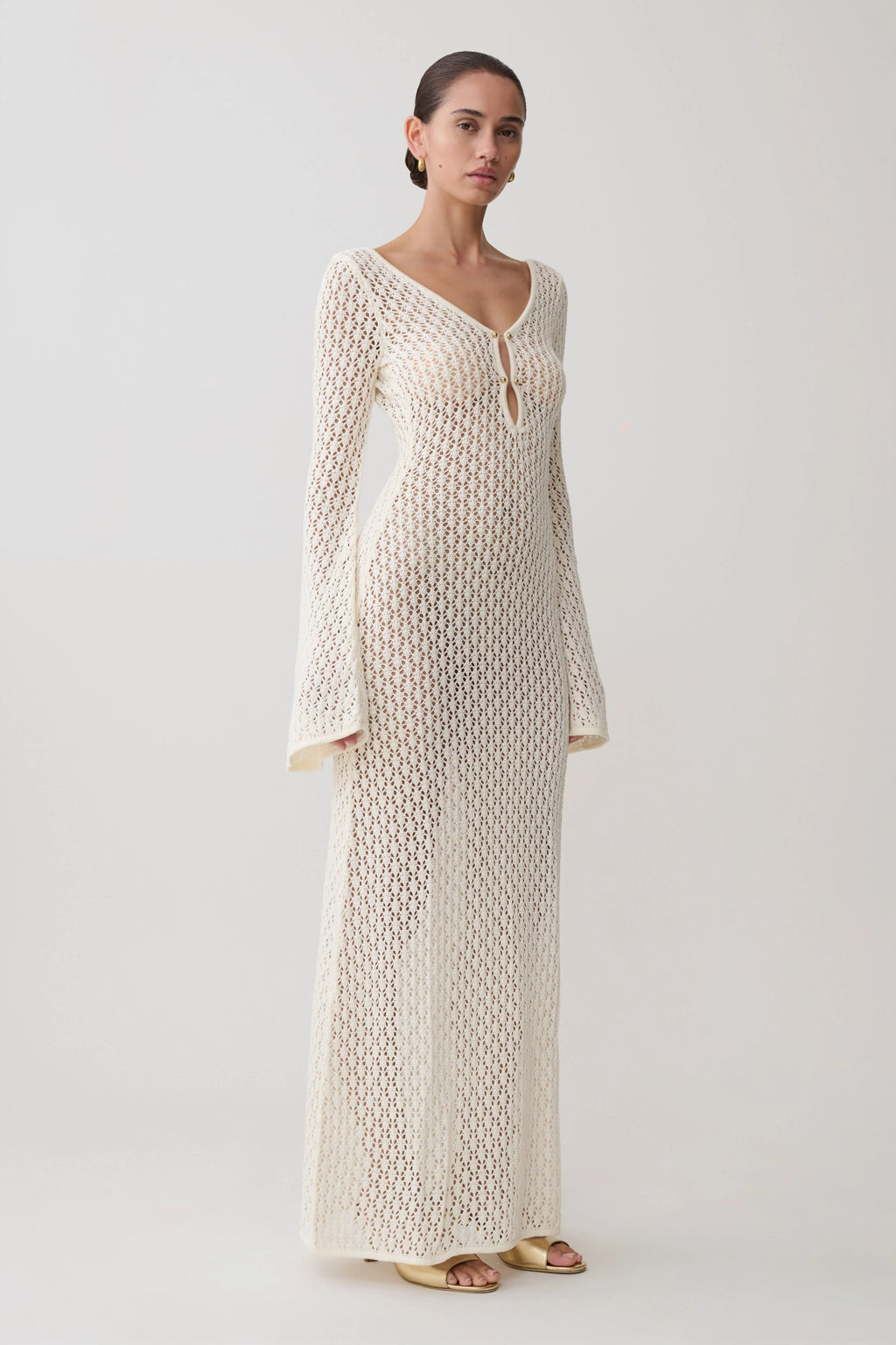 Kayleigh Crochet Fishtail Flare Sleeve Maxi Dress - White