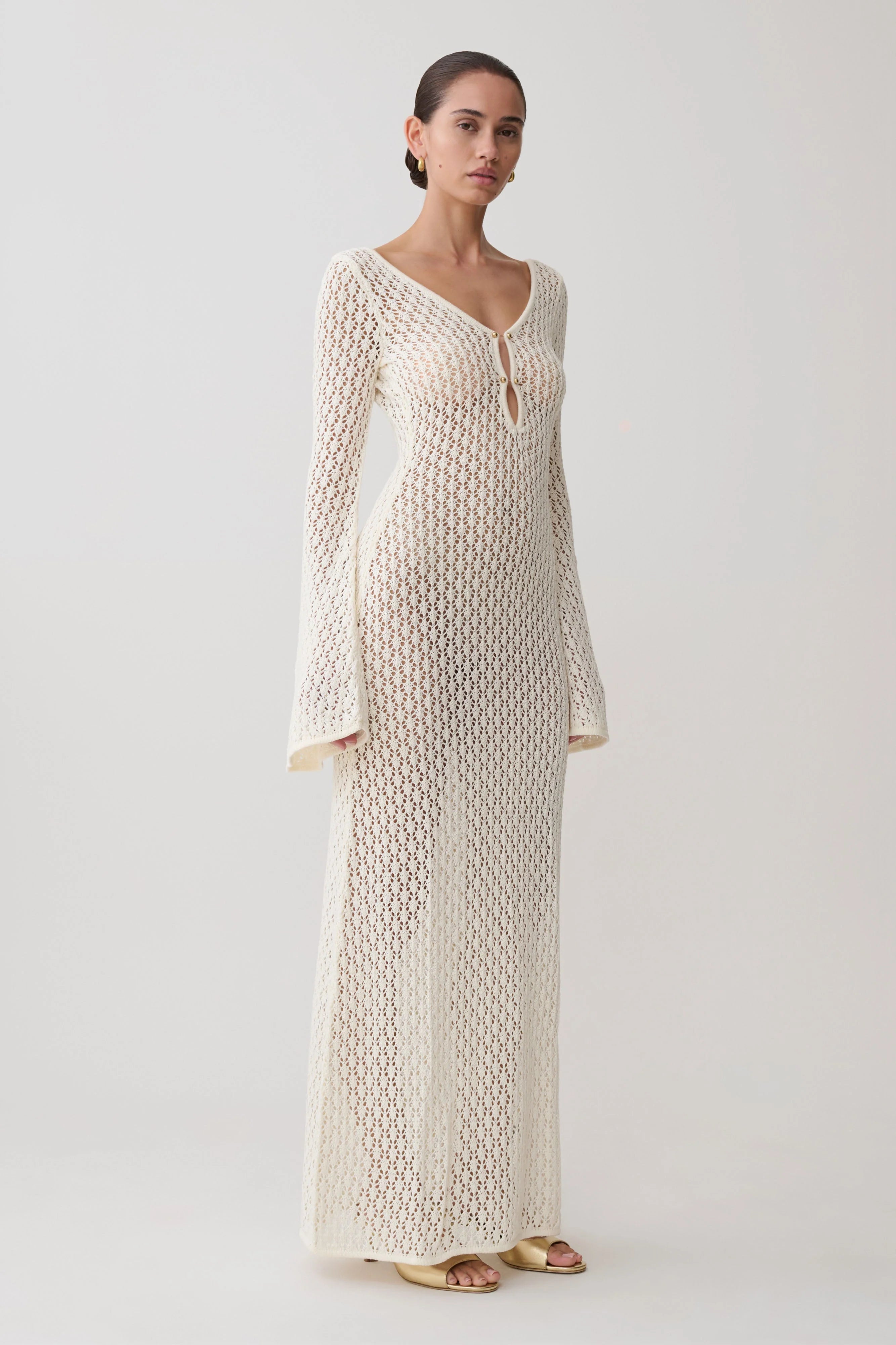 Kayleigh Crochet Fishtail Flare Sleeve Maxi Dress - White
