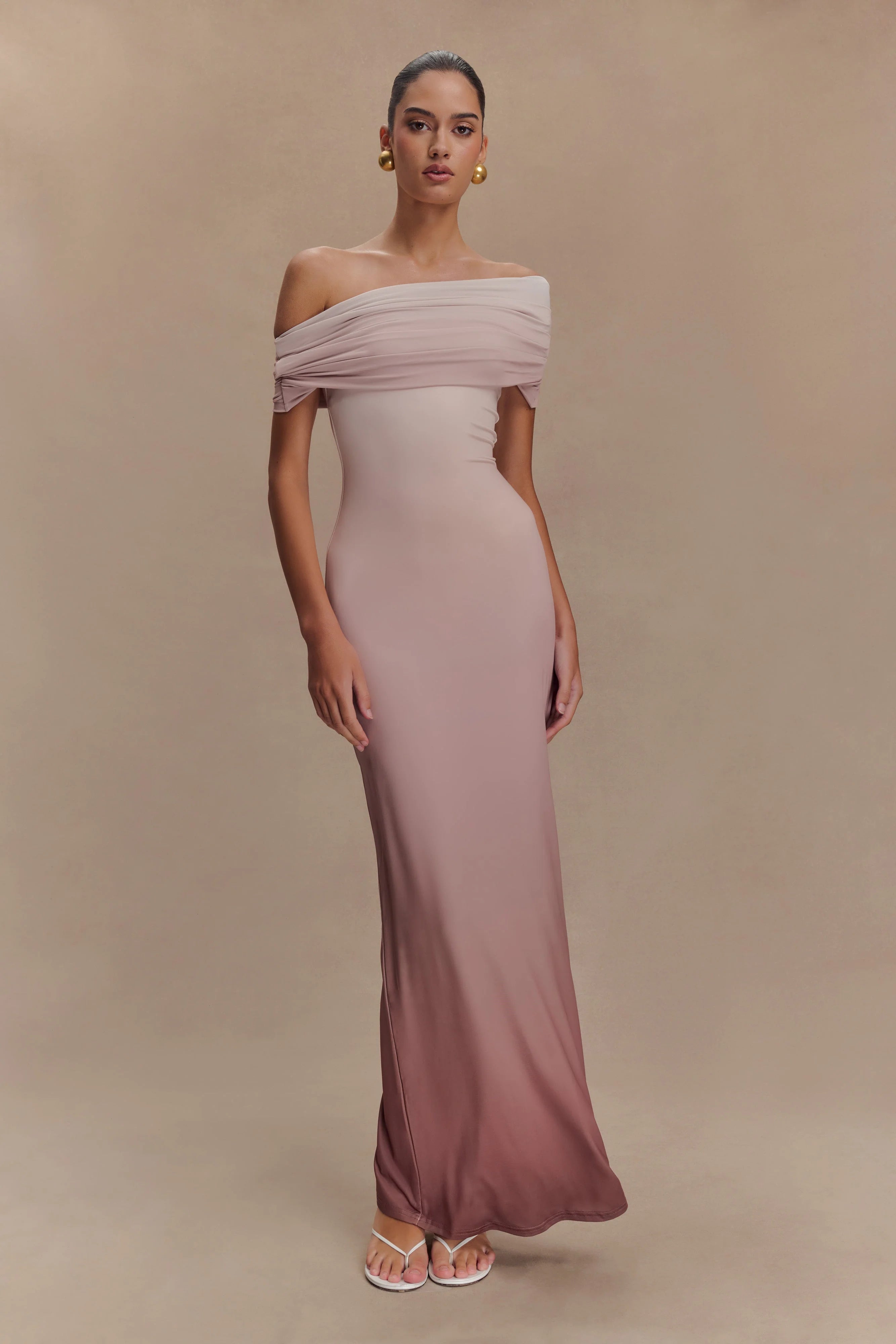 Cassandra Off Shoulder Slinky Maxi Dress - Neutral Ombre