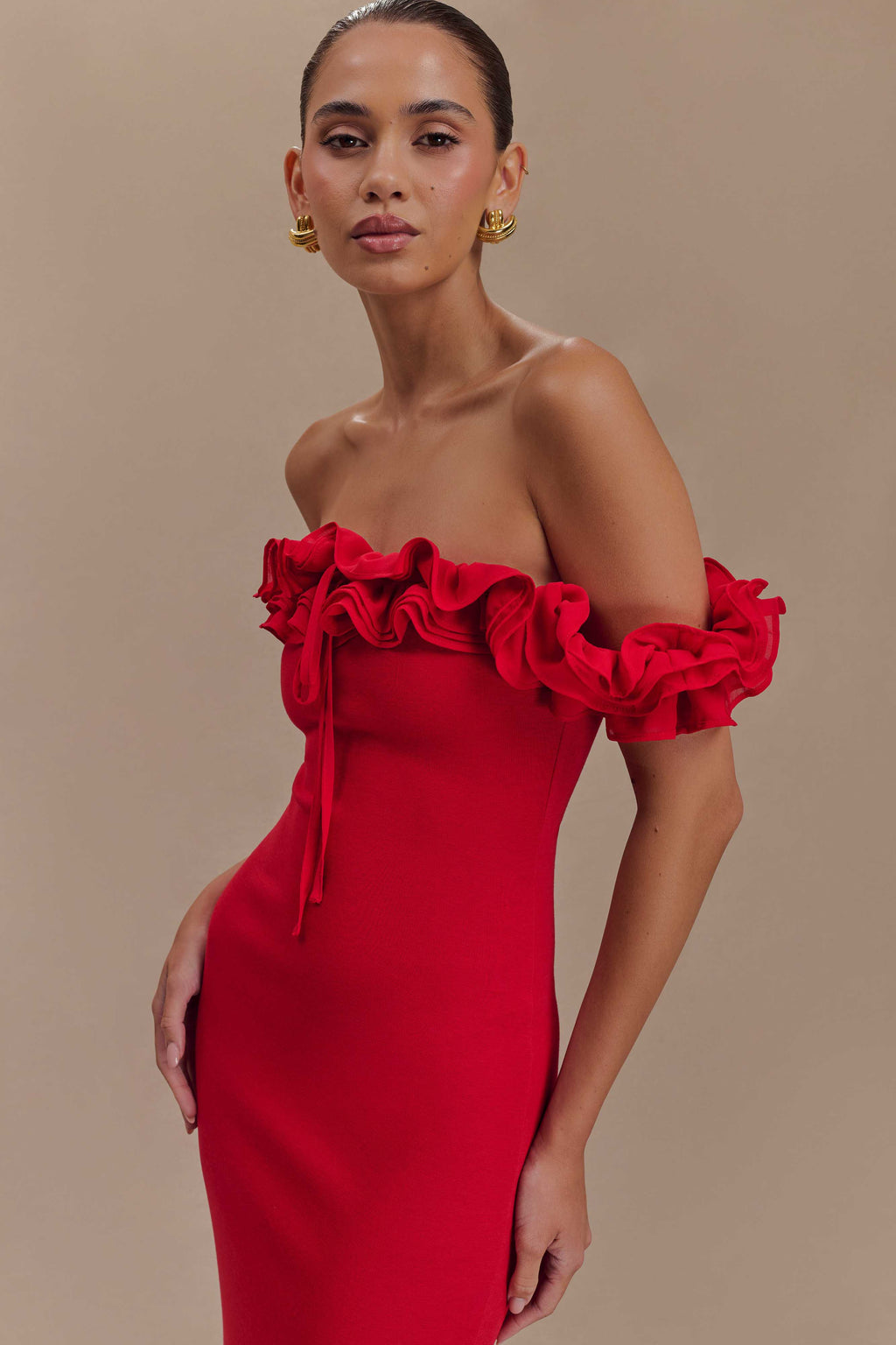 Nova Ruffle Off Shoulder Maxi Dress - Ruby