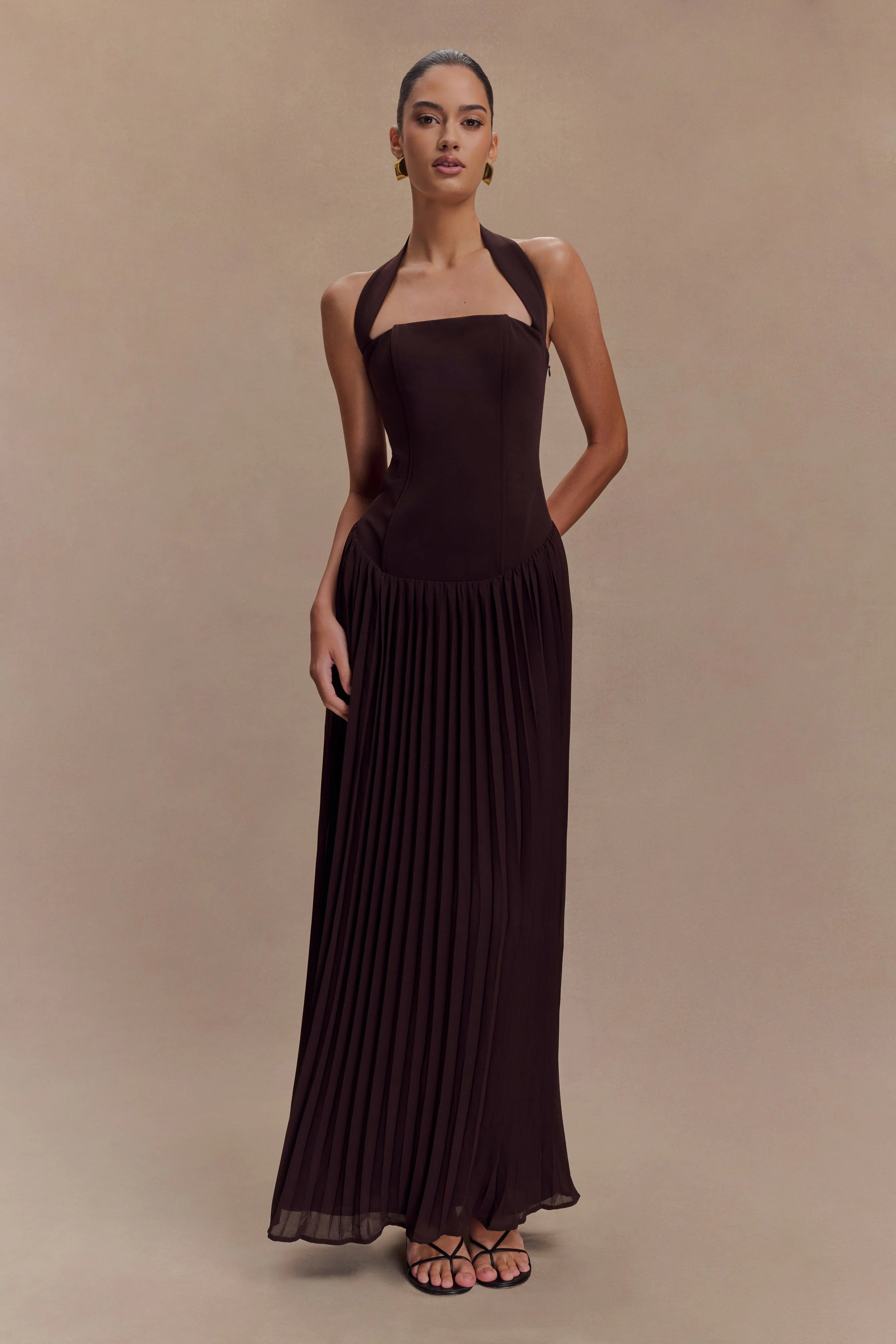 Stacie Pleated Halter Maxi Dress - Cacao