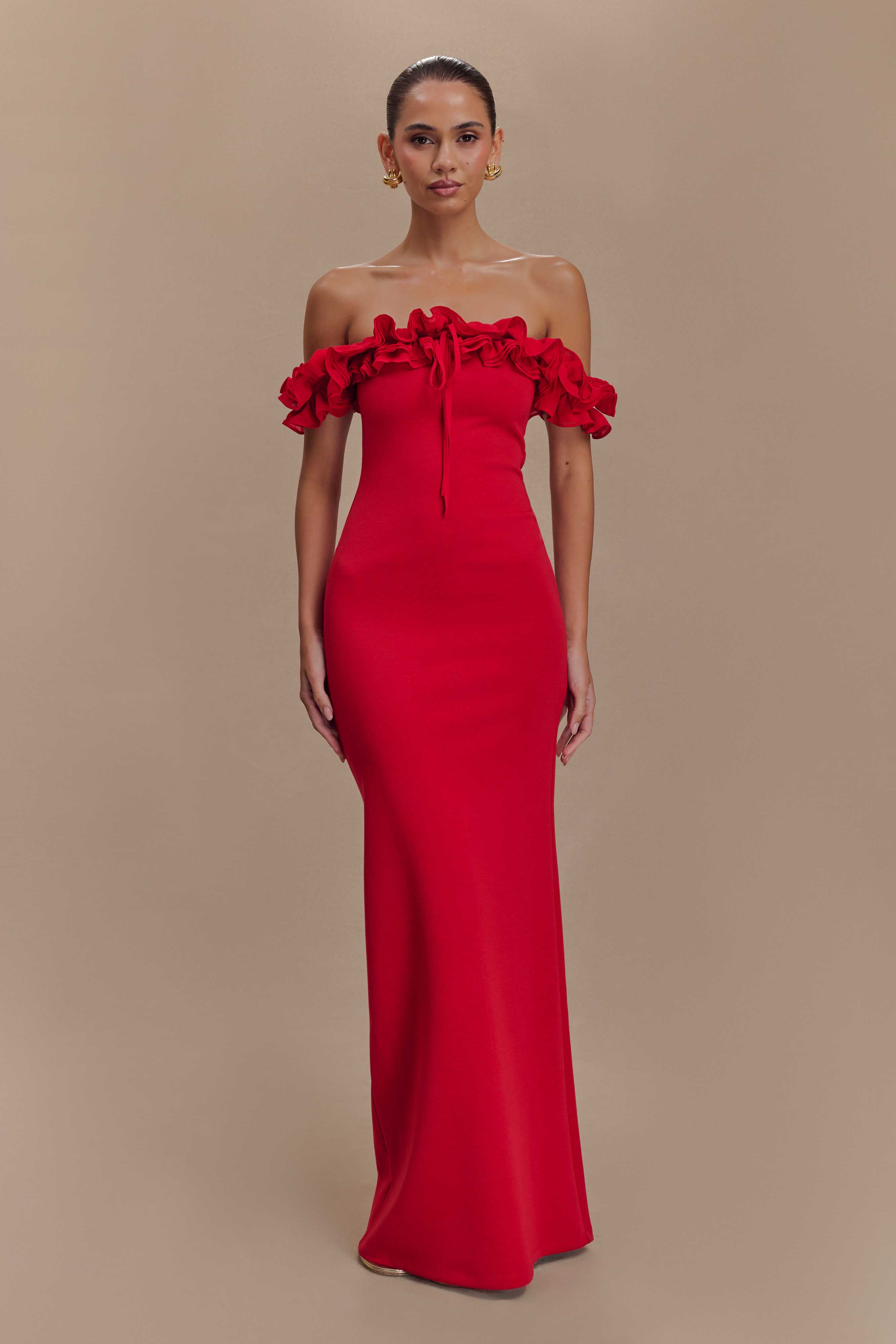 Nova Ruffle Off Shoulder Maxi Dress - Ruby